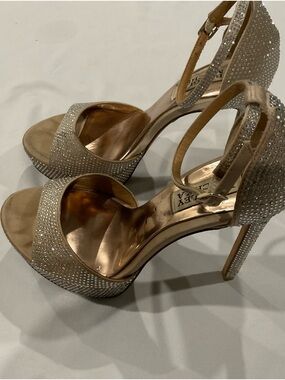 Badgley Mischka Rhinestone Platform Sandals in Champagne Gold
